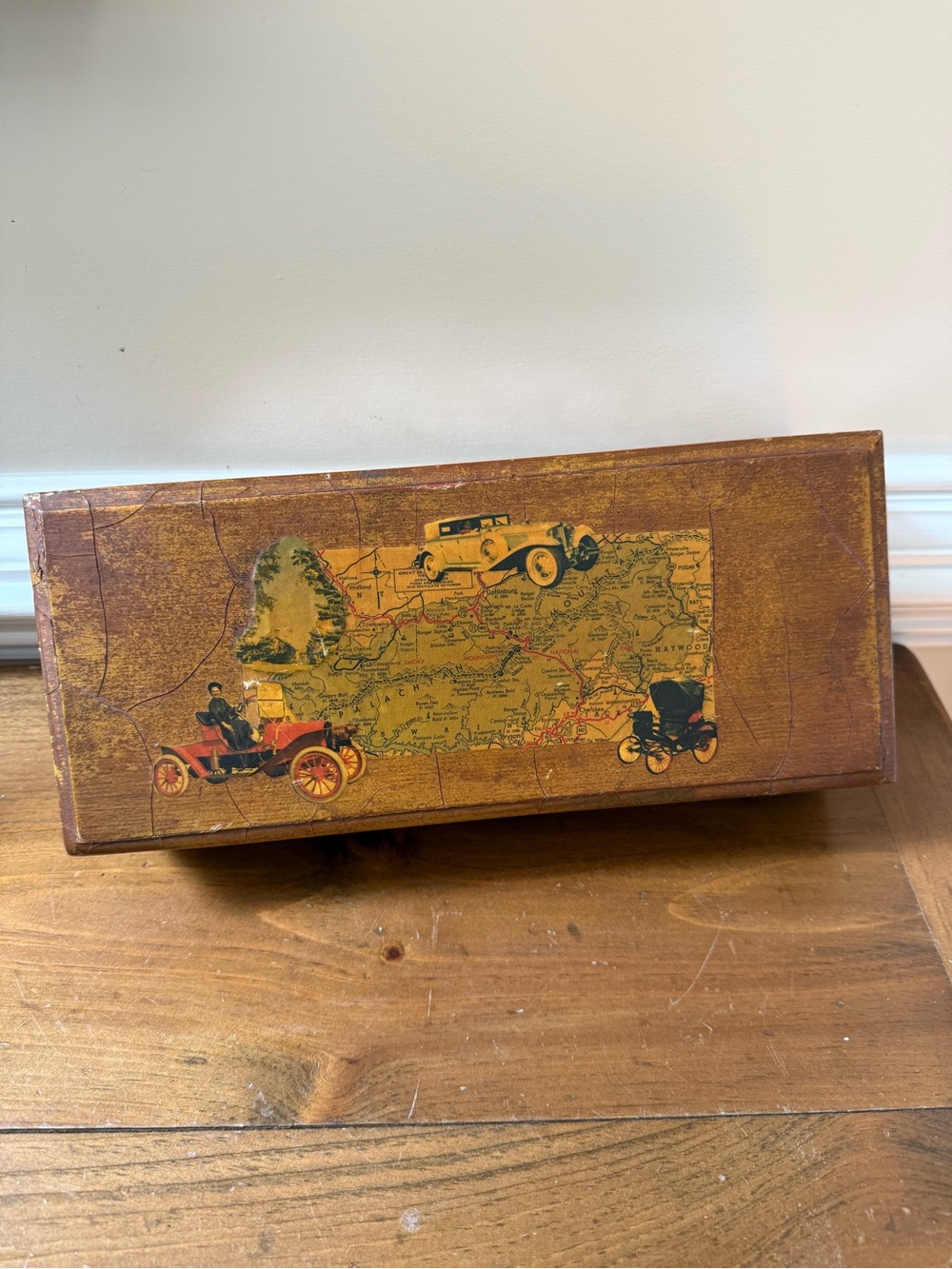 Vintage 1950s Decoupage Decorative Wooden Box with Car and Map motif